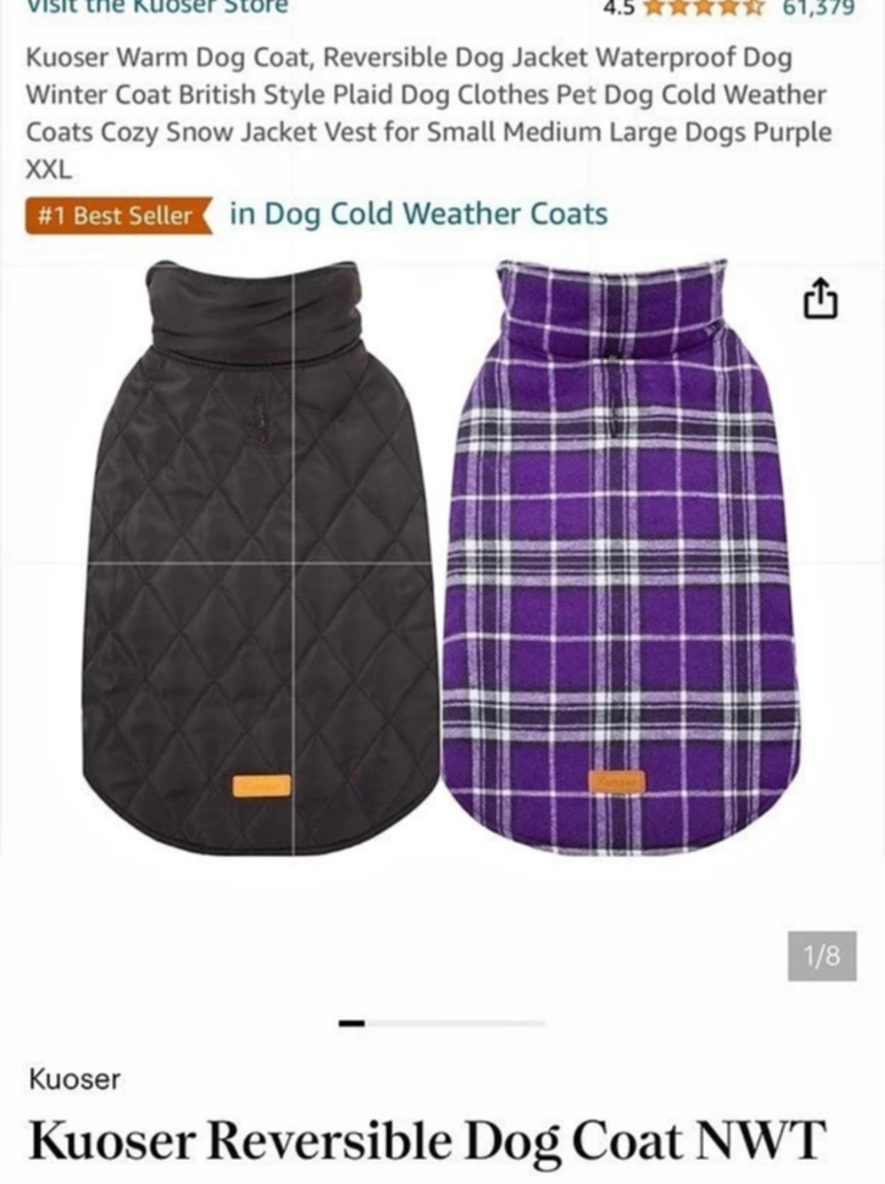 Kuoser Reversible Dog Coat Purple & Black Plaid Small